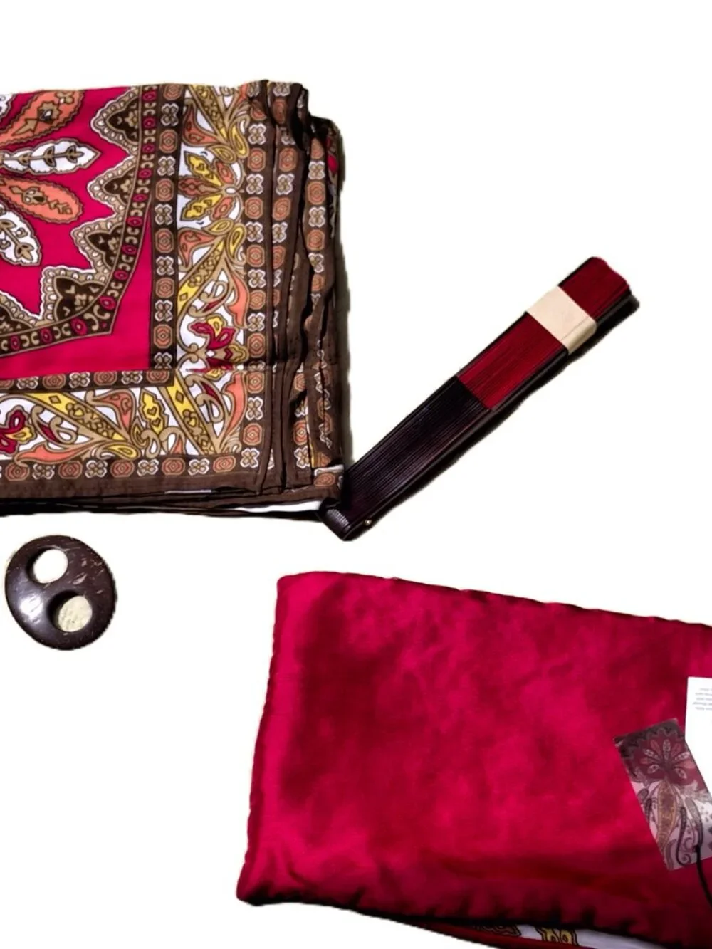 TALBOTS Paisley Pareo 3-Pc Set Swim Cover-up, Fan & Cosmetic Bag Fuschia/White